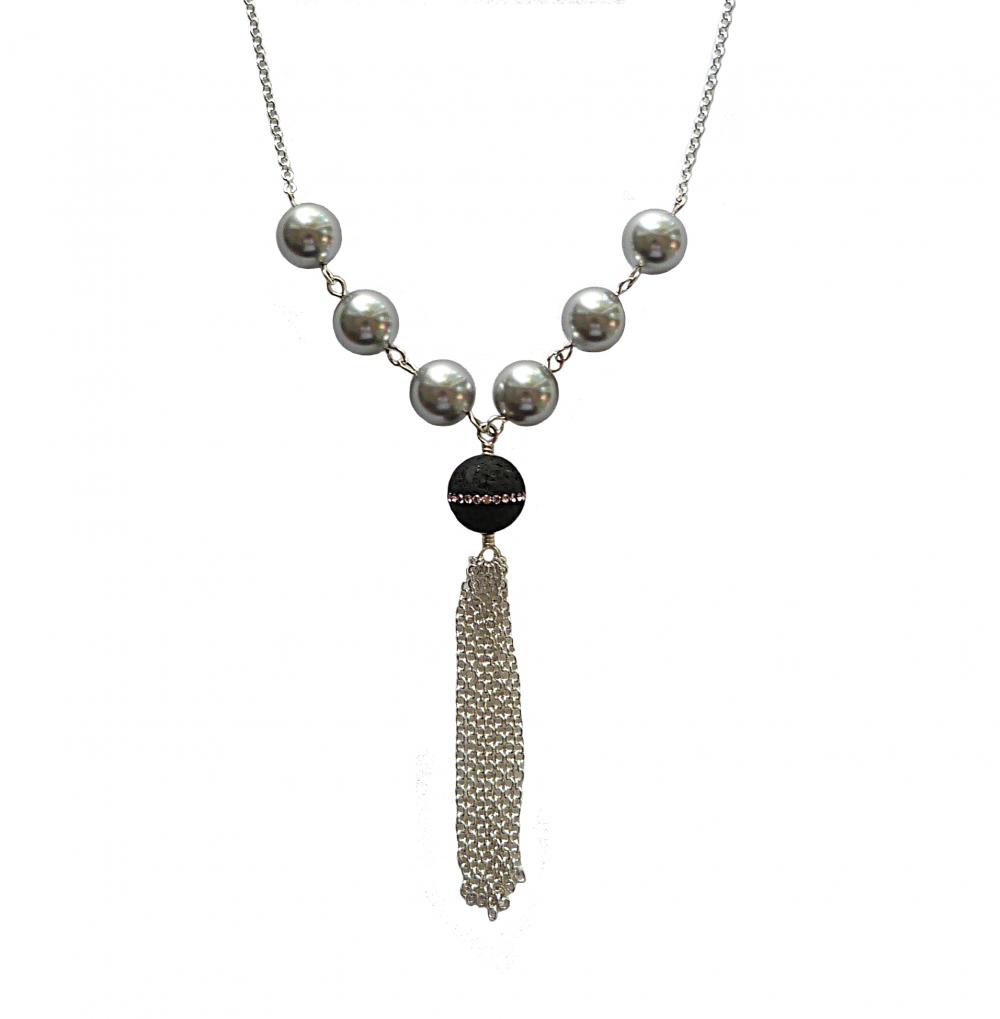 Tassel Necklace With Swarovski Gray Pearls And Black Lava Rock With Inlaid Swarovski Crystal