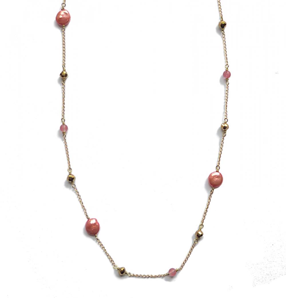 Tangeriene Melon Freshwater Coin Pearl And Yellow Gold Long Layering Necklace