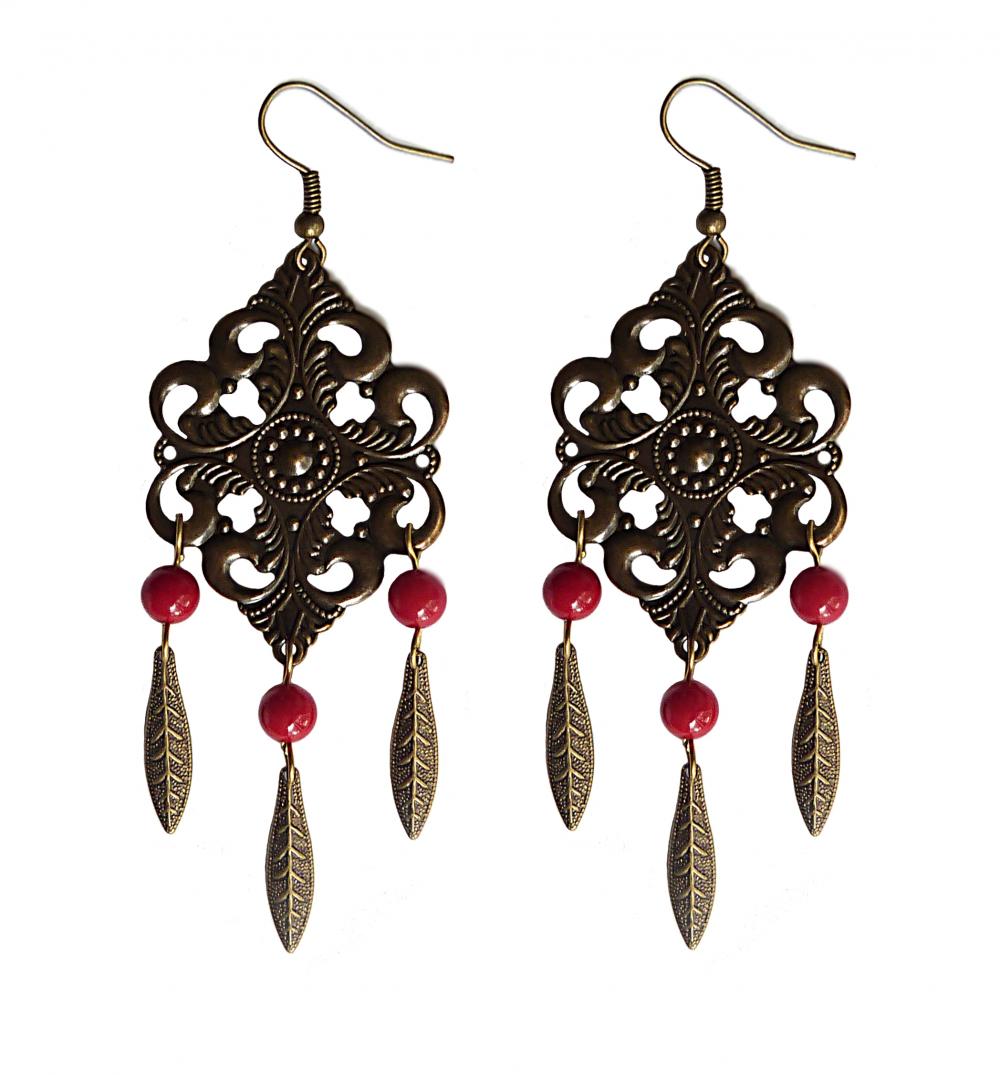 Boho Chic Bronze Feather And Red Coral Statement Dangle Earrings