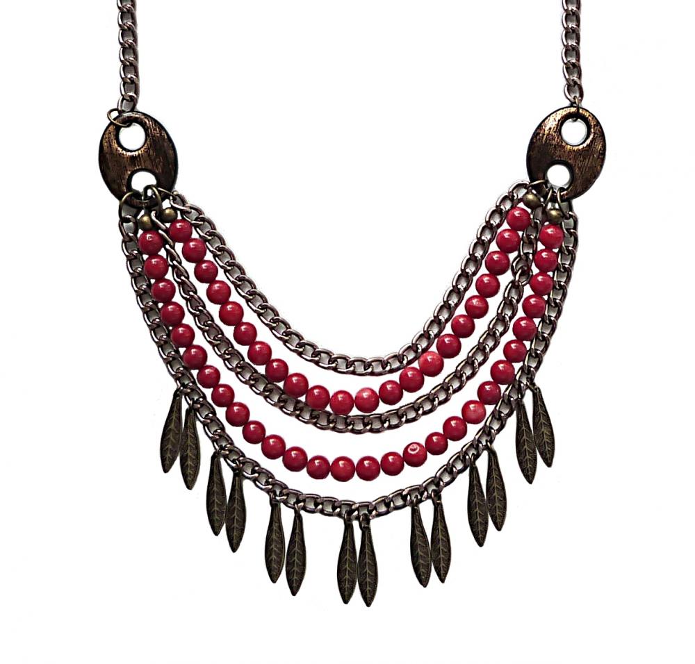 Boho Chic Bronze Feather And Red Coral Statement Bib Necklace