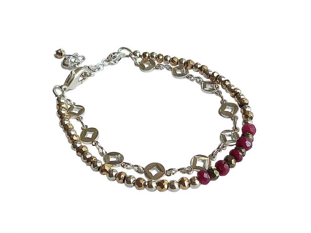 Authentic Handcut Ruby And Pyrite Silver Plated Delicate Layered Bracelet