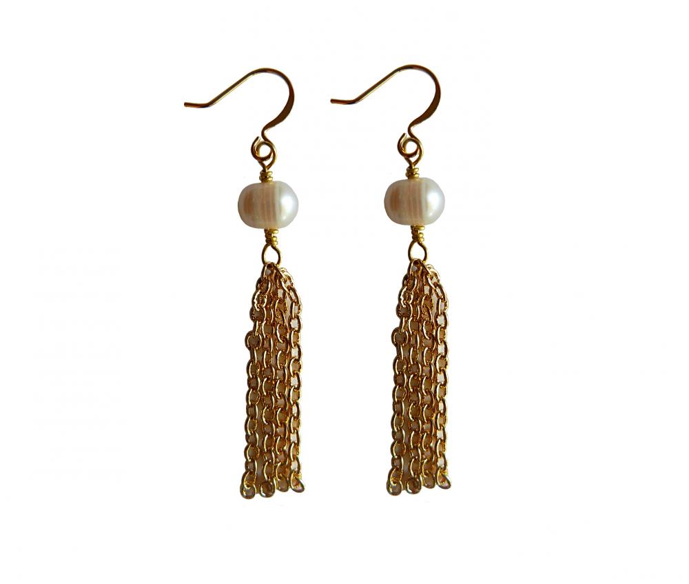 Ivory Freshwater Pearl And Yellow Gold Plated Tassel Dangle Earrings