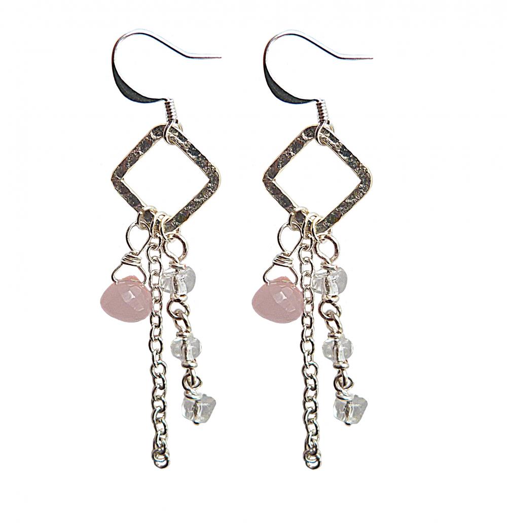 Pink, Clear Crystal, Chain, And Hammered Silver Earrings. Wire Wrapped Pink Chalcedony Onion Briolette Earrings